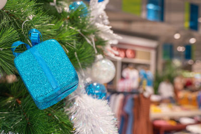 Close-up of christmas decoration hanging on tree