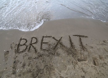 High angle view of text on sand at beach