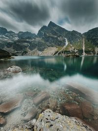 Scenic view of lake and mountains against sky