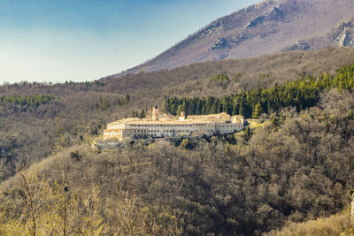 High angle view of castle on mountain