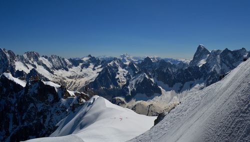 Scenic view of snowcapped mountains against clear blue sky, mountain climbers on the glacier