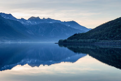 Scenic view of lake with mountains in background