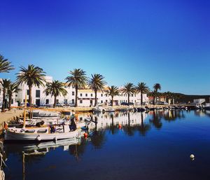 Boats moored at harbor by buildings against clear blue sky