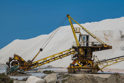 Low angle view of crane against clear blue sky