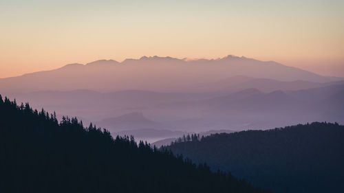 Scenic view of silhouette mountains against sky at sunset