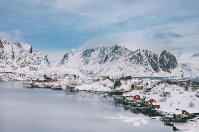 Scenic view of snowcapped mountains against sky