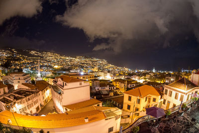 High angle view of illuminated townscape against sky at night