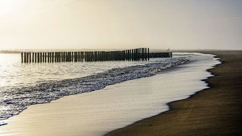 Wooden posts on beach against clear sky