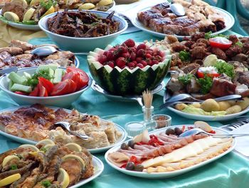 Various foods served on table