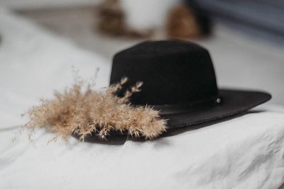 High angle view of hat on table