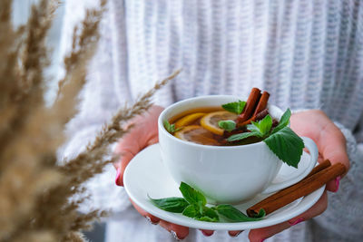 Female hands on sweater holding tea with lemon, cinnamon sticks and mint leaves. hot drink. healthy