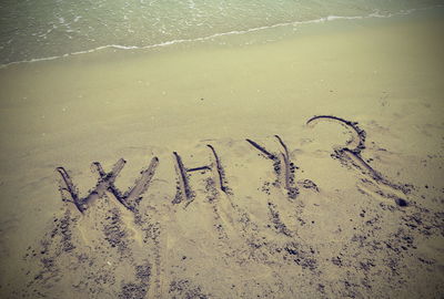 High angle view of text on sand at beach