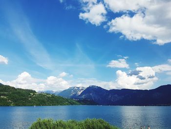 Scenic view of lake by mountains against sky