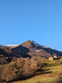 Scenic view of mountains against clear blue sky