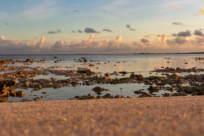 Scenic view of beach against sky during sunset