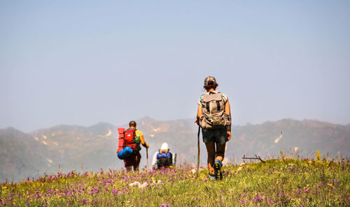 Rear view of hikers walking on grassy hill against clear sky