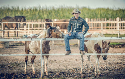 Cowboy sitting on fence at stable