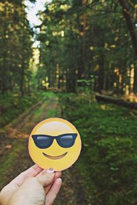 Close-up of hand holding anthropomorphic smiley face against trees 