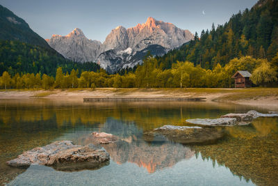 Scenic view of lake and mountains against sky