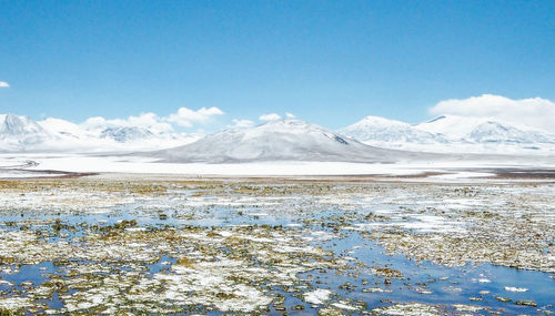 Scenic view of snowcapped mountains against blue sky