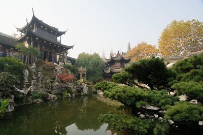 Panoramic view of lake by building against clear sky