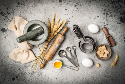 High angle view of work tools on table