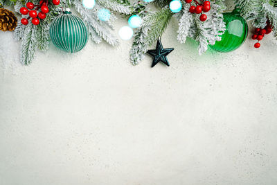 High angle view of christmas decorations on table
