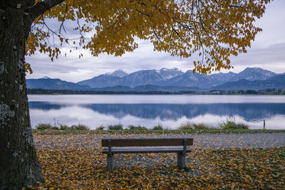 Bench by lake against sky