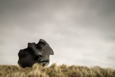 Close-up of broken sculpture on field against sky