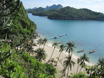 High angle view of bay against sky