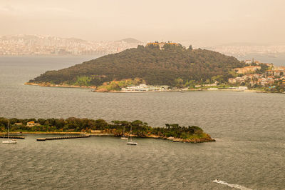 Scenic view of sea with city in background