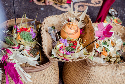 High angle view of various flowers in basket