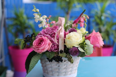 Close-up of rose bouquet on terrace