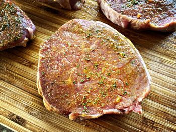 High angle view of breakfast on cutting board