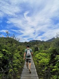 Rear view of man standing on mountain against sky