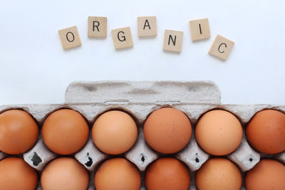 High angle view of eggs in container