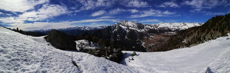 Scenic view of snow covered mountains against sky