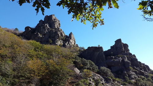 Low angle view of rocks against sky