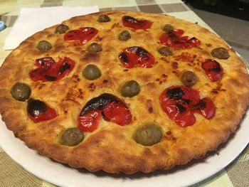 High angle view of pizza on table