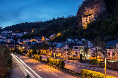 View of road along buildings