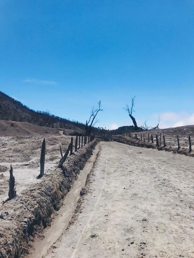 sky, blue, landscape, environment, tranquil scene, scenics - nature, tranquility, no people, land, nature, barrier, fence, copy space, clear sky, boundary, day, the way forward, non-urban scene, direction, beauty in nature, outdoors, arid climate