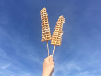 Cropped image of hand holding waffle sticks against sky