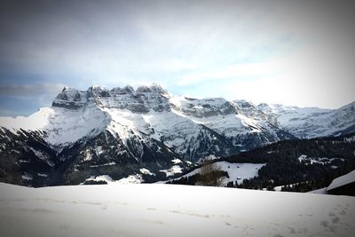 Scenic view of snowcapped mountains against sky