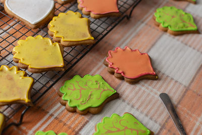 High angle view of cookies on table