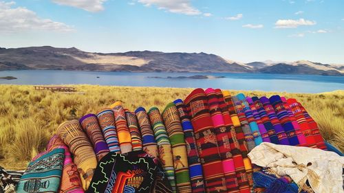 Colorful fabrics on grassy lakeshore with mountains in background against sky
