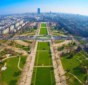 High angle view of buildings against sky