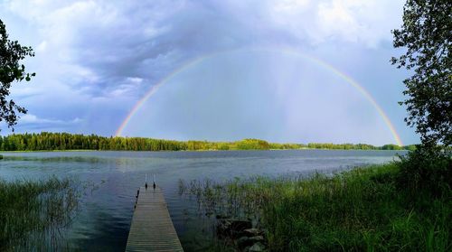 Scenic view of rainbow over lake against sky