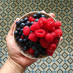 Cropped hand on person holding bowl of berries