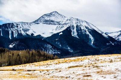 Scenic view of snowcapped mountains against sky