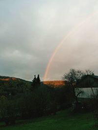 Scenic view of rainbow over trees on field against sky